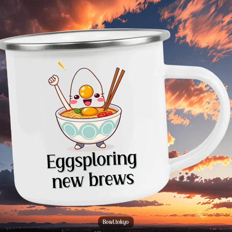 Funny Kawaii ramen bowl camping mug, character holding a cooked egg, outdoorsy and humorous, travel essential, giftable.