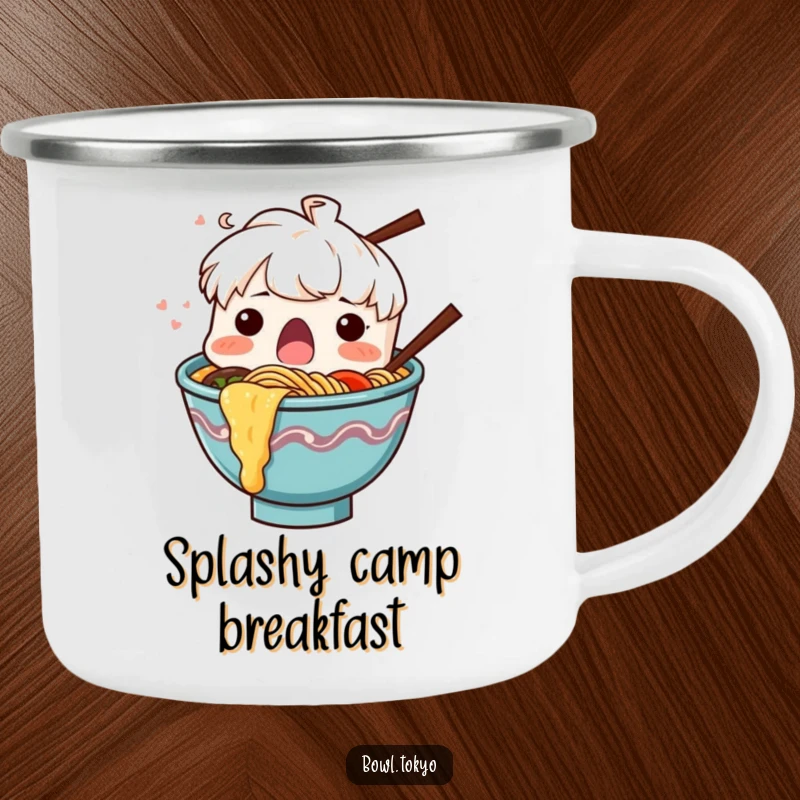 Funny Ramen Bowl Camping Mug, a surprised character with noodles splashing out, perfect for outdoor drinks.