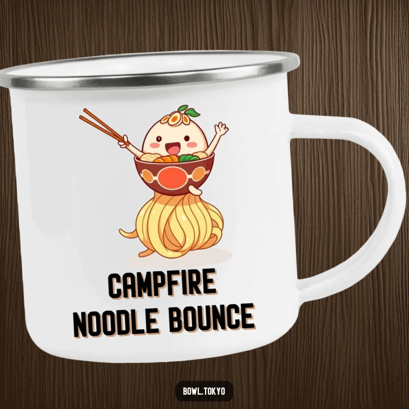 Funny camping mug with a happy ramen bowl character bouncing on a giant noodle, durable and humorous for outdoor enjoyment.