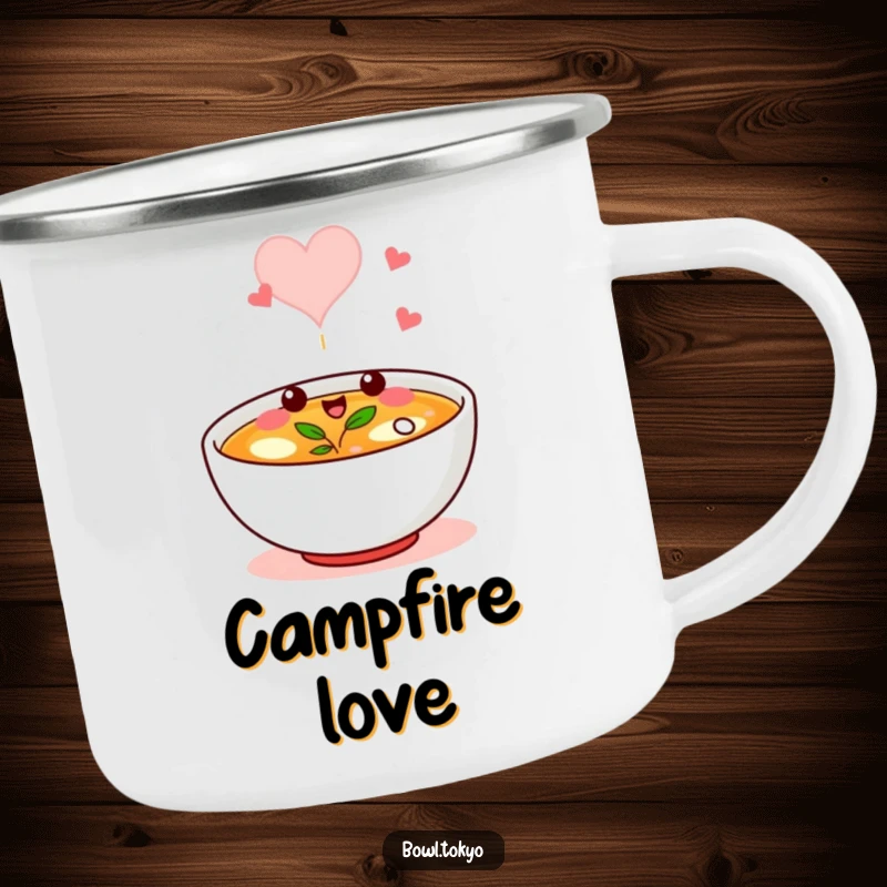 Funny camping mug with a broth bowl character winking, its steam forming a heart, built for adventure.