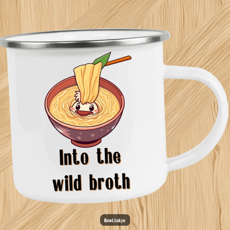 Funny curious ramen bowl camping mug character peering into a swirling vortex of flavorful soup, outdoor adventure humor.