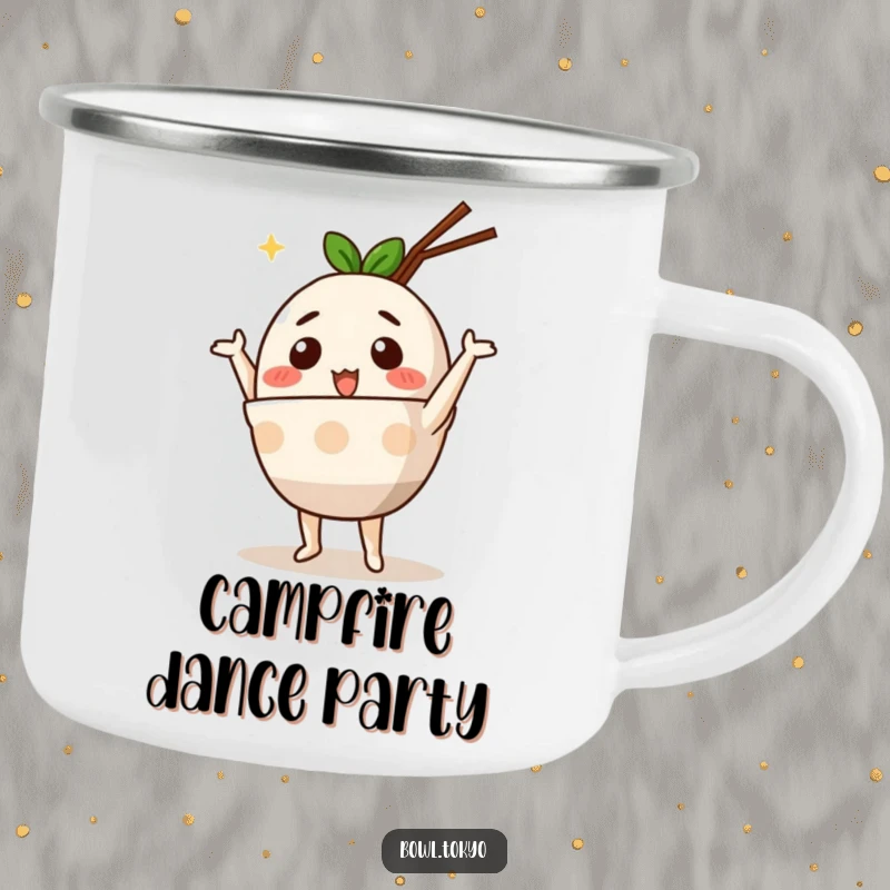Funny Cute Ramen Bowl Camping Mug with an anthropomorphic character performing a silly dance, bringing cheerful energy to outdoor adventures.
