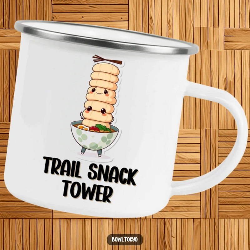 Funny ramen bowl camping mug, determined expression, masterfully balancing a tower of fish cakes, ready for the outdoors.