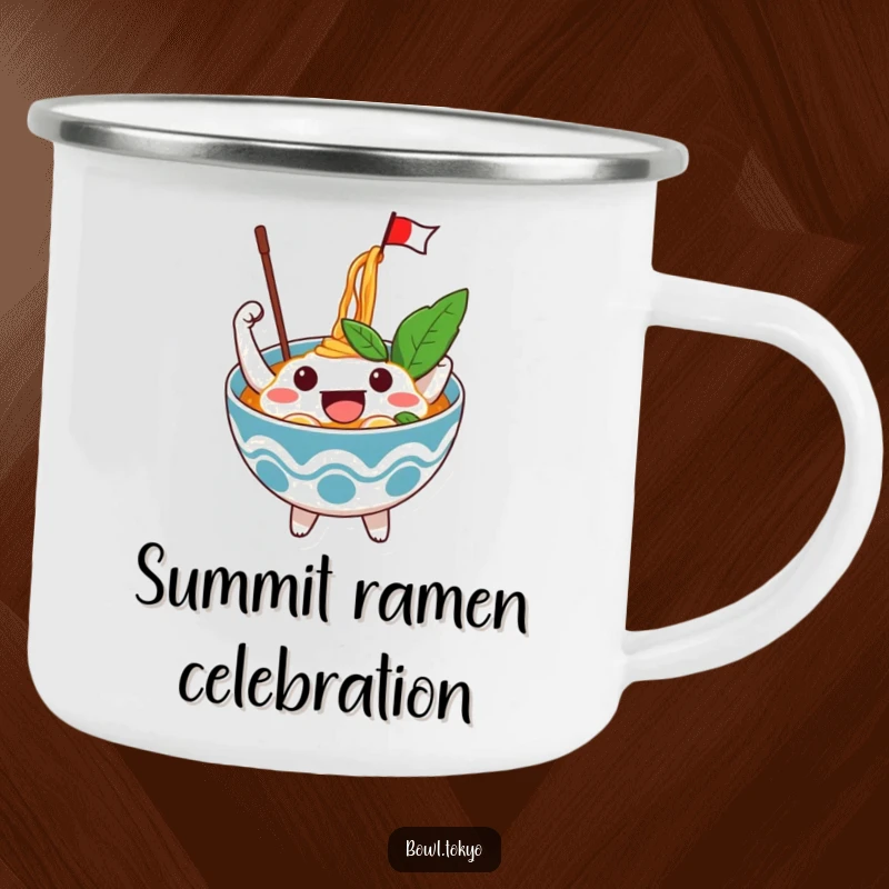 Funny Excited Ramen Bowl Camping Mug with an excited character waving a flag from noodles, bringing celebratory cheer to the outdoors.