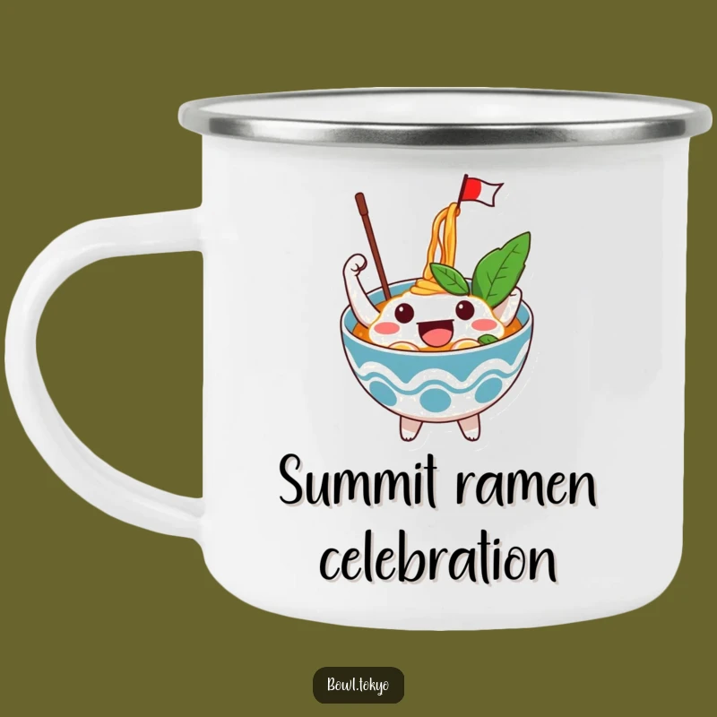 Funny Excited Ramen Bowl Camping Mug: Celebrate Outdoors with a Noodle Flag