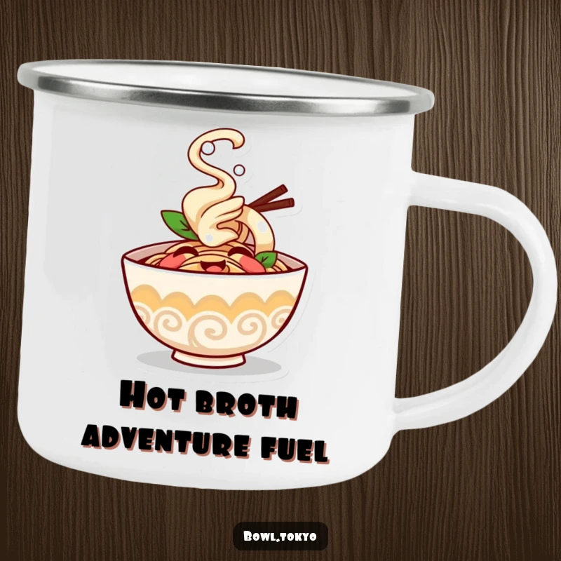 Funny ramen bowl camping mug character giggling with steam puffing happily, perfect for outdoor humor and drinks.