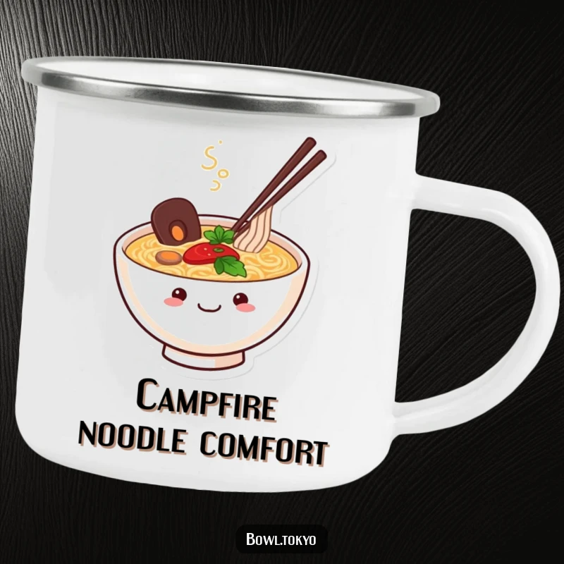 Funny Ramen Bowl Camping Mug featuring a happy, smiling character with steam rising, bringing cozy contentment to outdoor adventures.