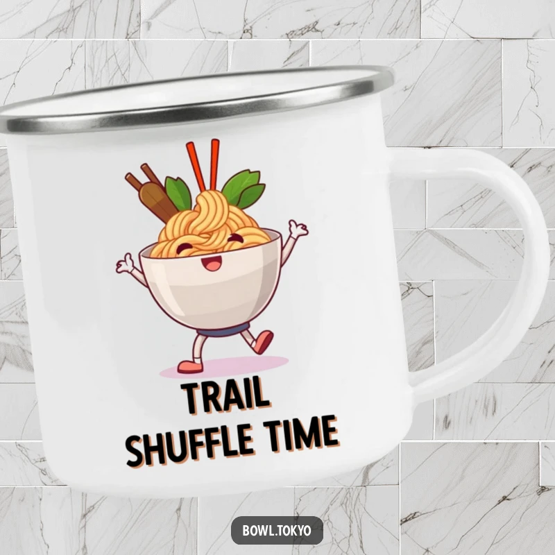 Funny happy ramen camping mug featuring a noodle bowl character doing a jolly shuffle, for joyful adventures.