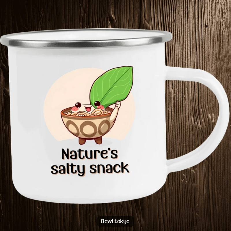 Funny happy ramen bowl camping mug character offering a giant shiny nori seaweed leaf, perfect for outdoor fun.
