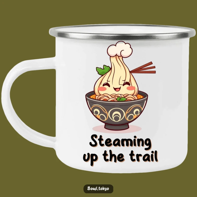 Funny Kawaii Ramen Camping Mug - Cheerful Steaming Bowl for Outdoor Adventures