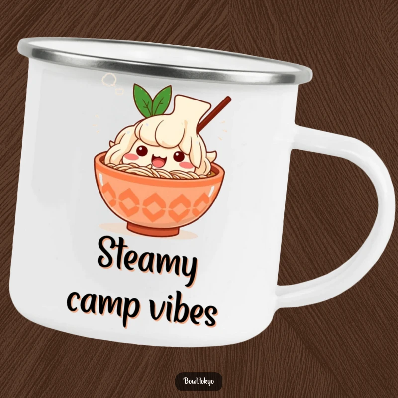 Funny Kawaii ramen bowl camping mug, character sighing happily, steam effect, outdoorsy and humorous, giftable.