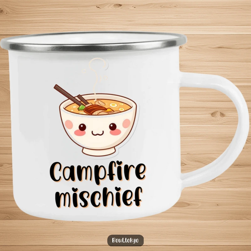 Funny cute kawaii ramen bowl camping mug with a mischievous grin peeking from steam, for outdoor enjoyment.