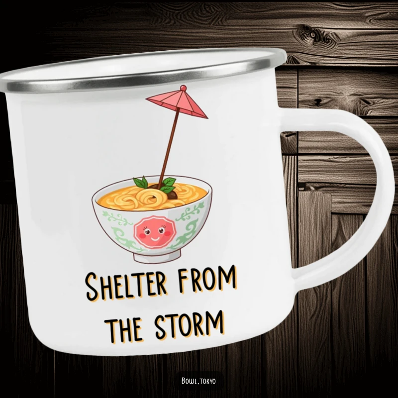 Funny ramen bowl with a tiny umbrella, twirling joyfully, a durable enamel camping mug for fun outdoor moments.