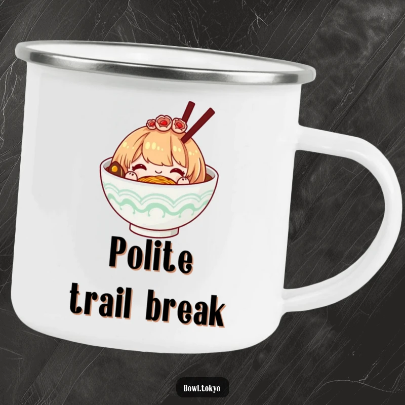Funny ramen bowl with a decorative hairpiece, bowing politely, a durable enamel camping mug for elegant outdoor enjoyment.