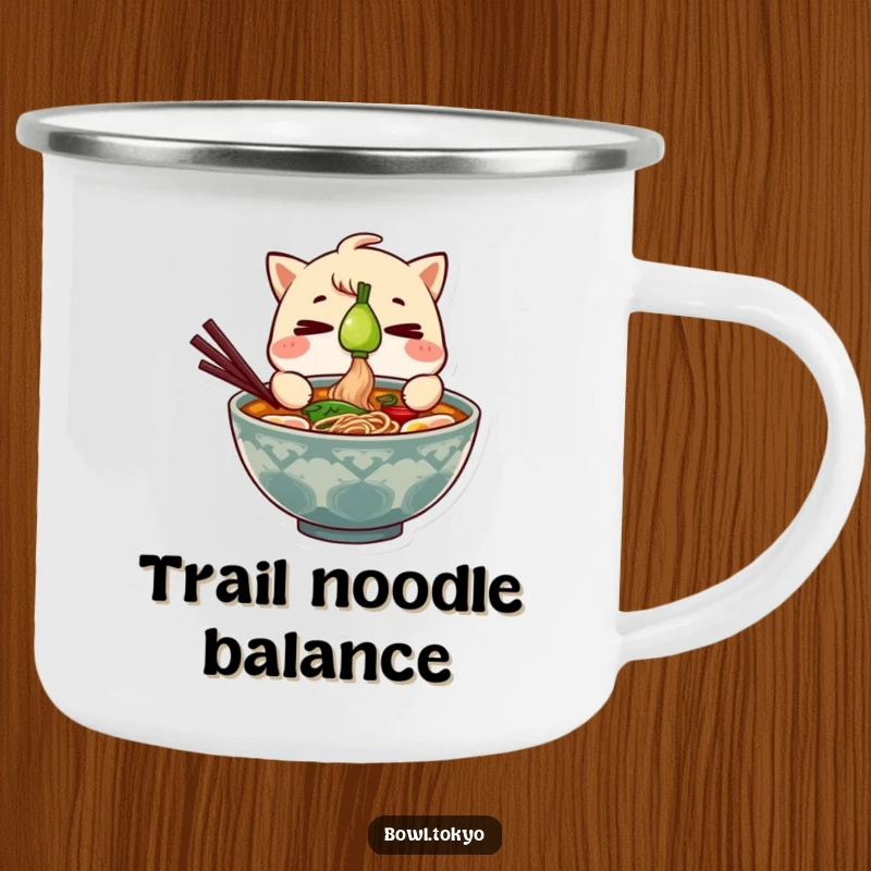 Funny Ramen Bowl Camping Mug with a character balancing a green onion, designed for outdoor use and humor.