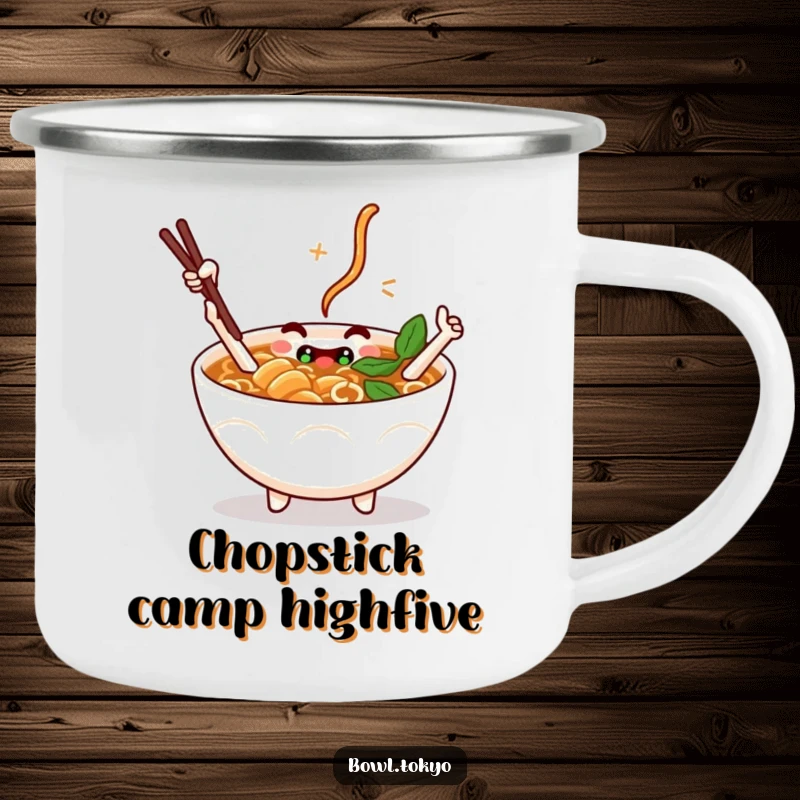 Funny Camping Mug featuring a ramen bowl with chopstick arms giving a high-five, ready for outdoor fun.