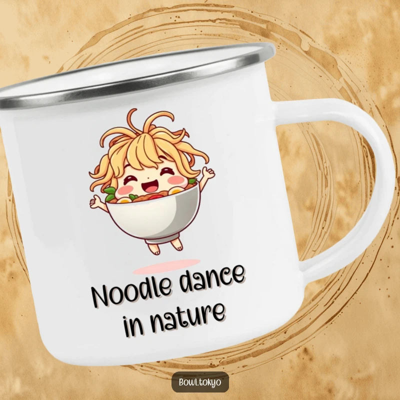 Funny Camping Mug featuring a happy ramen bowl character with noodle hair dancing, ideal for outdoor enthusiasts and humor lovers.