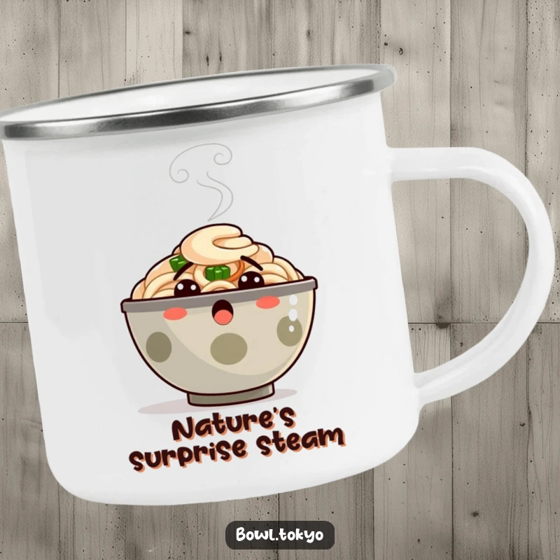 Funny Camping Mug: A surprised ramen bowl character with steam puffing, ready for outdoor adventures and humor.
