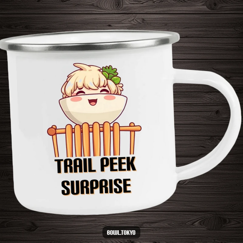 Funny camping mug with a joyful ramen bowl character peeking over a wall of chopsticks, ideal for outdoor use.