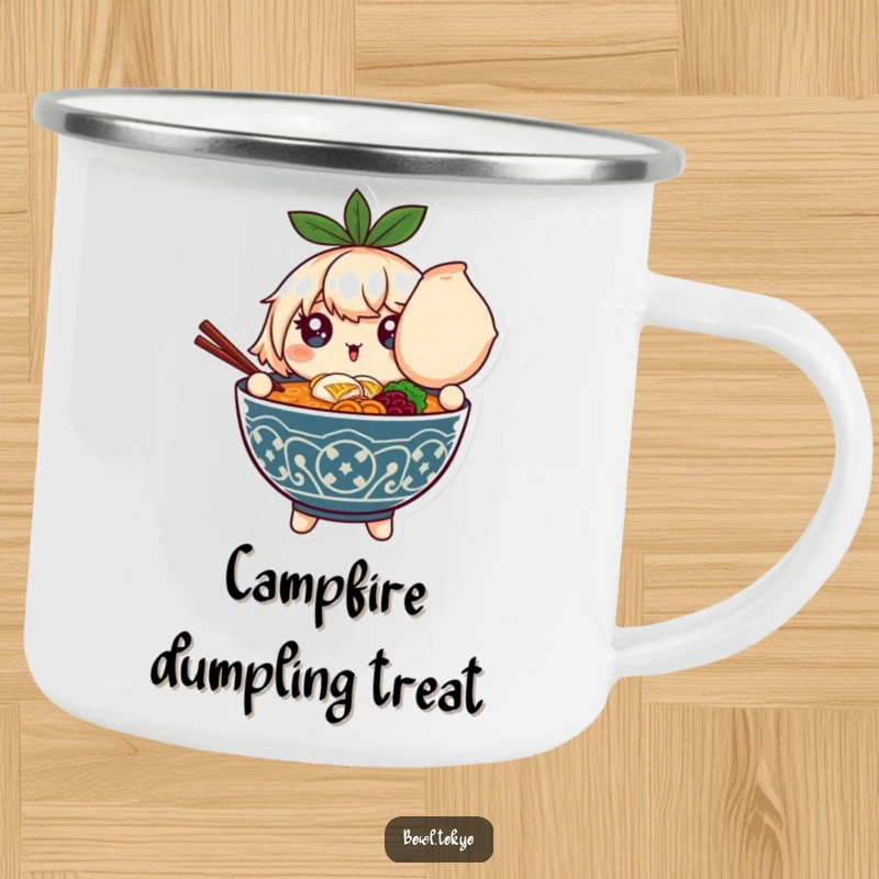 Funny camping mug with a ramen bowl character boasting sparkling eyes, holding a large dumpling, ideal for outdoor use.