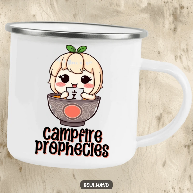 Funny ramen bowl character with bashful cheeks holds a tiny fortuneteller on this durable camping mug.