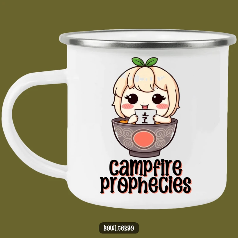 Funny Ramen Fortune Teller Camping Mug: Blushing Noodle Character Outdoor Gift