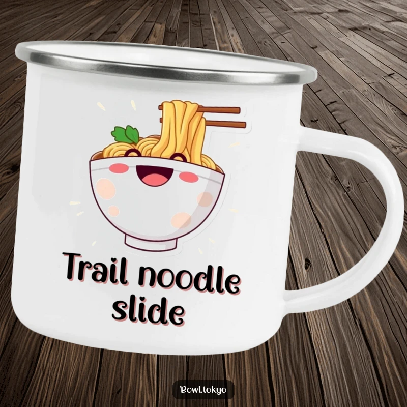 Funny camping mug with a happy ramen bowl character grinning as it slides down a noodle, great for outdoor use.