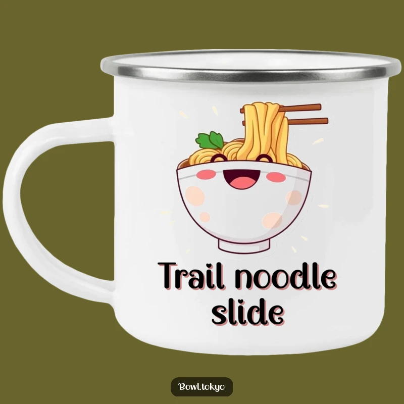 Funny Ramen Noodle Slide Camping Mug: Grinning Character for Outdoor Fun