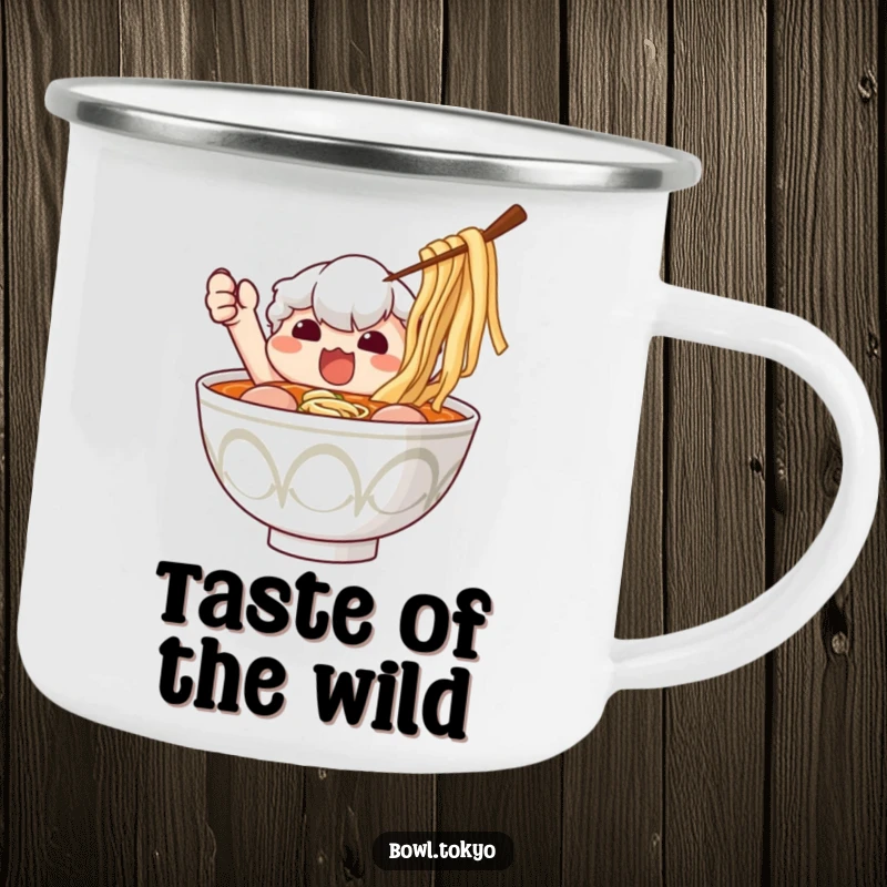 Funny Ramen Camping Mug: Determined ramen bowl character humorously reaching for a piece of nori outdoors.