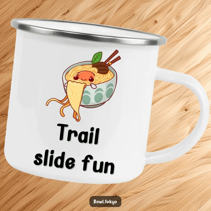 Funny camping mug with a happy ramen bowl character sliding down a noodle string, built for adventure.