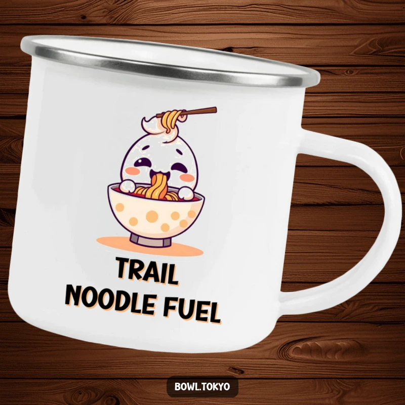 Funny kawaii ramen bowl camping mug with a joyful character joyfully slurping a noodle, perfect for outdoor enjoyment.