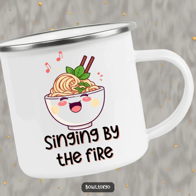Funny cheerful ramen bowl camping mug, showing a singing noodle character with musical notes, durable and portable for trips.