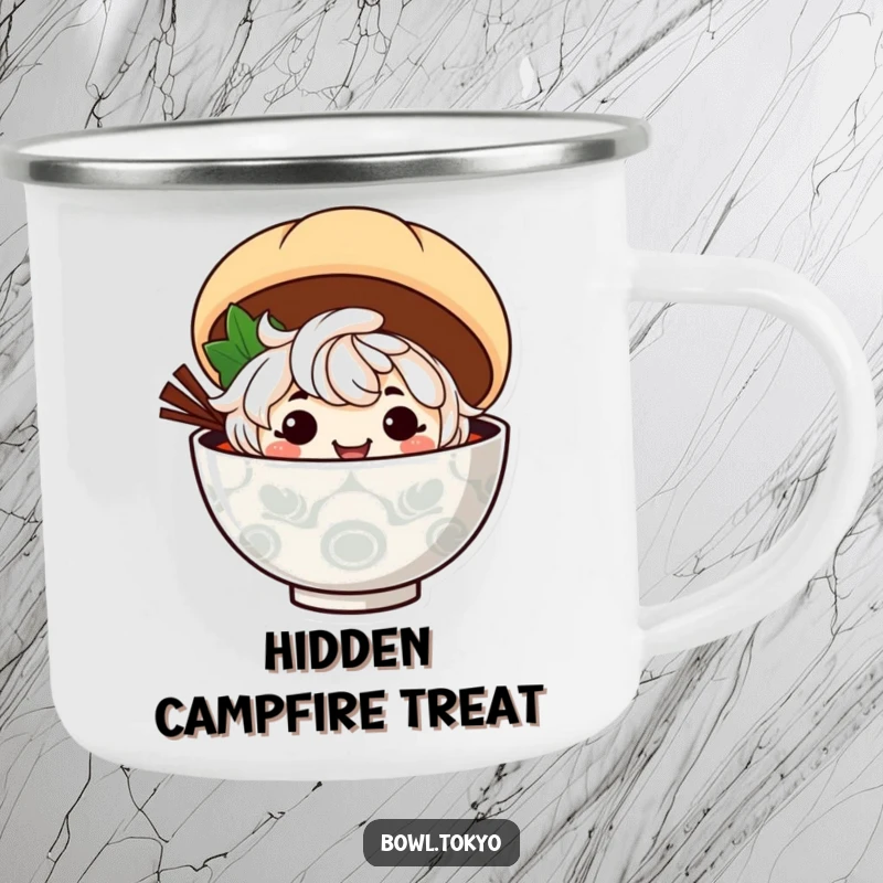 Funny ramen bowl character with a mischievous grin peeks from behind a steamed bun on this camping mug.