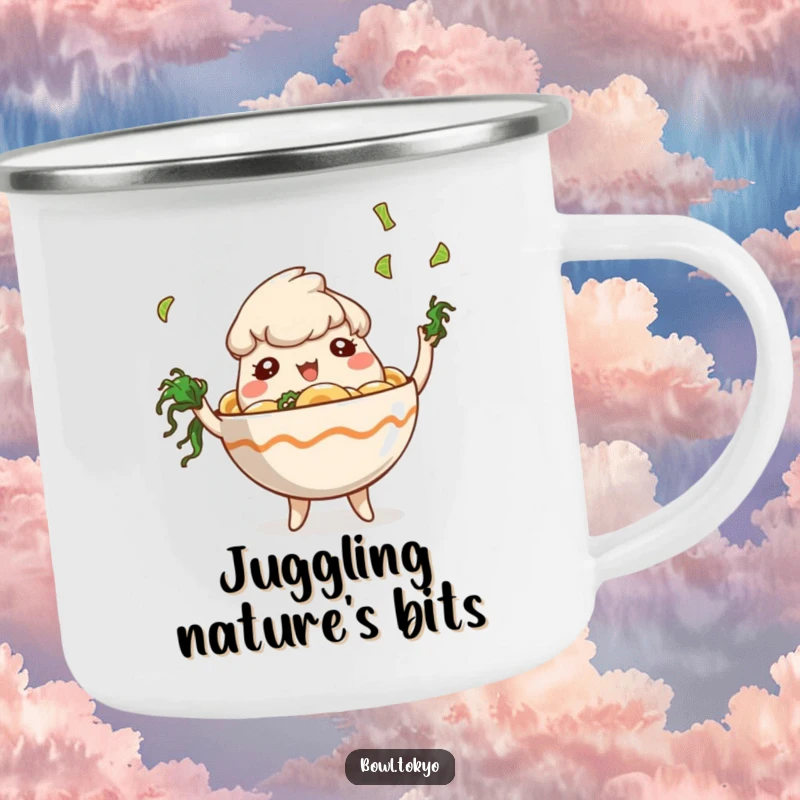 Funny Camp Ramen Bowl Mug featuring a playful character juggling tiny seaweed pieces, a fun addition to camping gear.