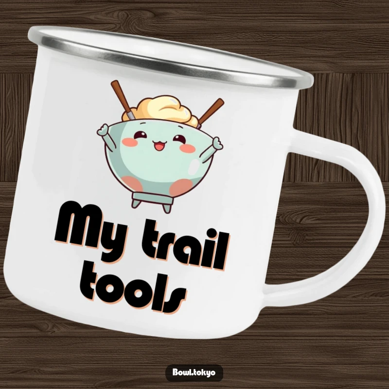 Funny camping mug with a food bowl character and two energetic chopsticks striking a pose, ready for adventure.