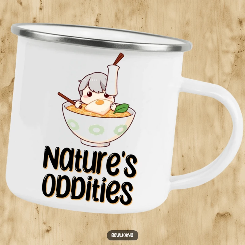 Funny Ramen Camping Mug: Curious ramen bowl character humorously examining a floating piece of kamaboko outdoors.