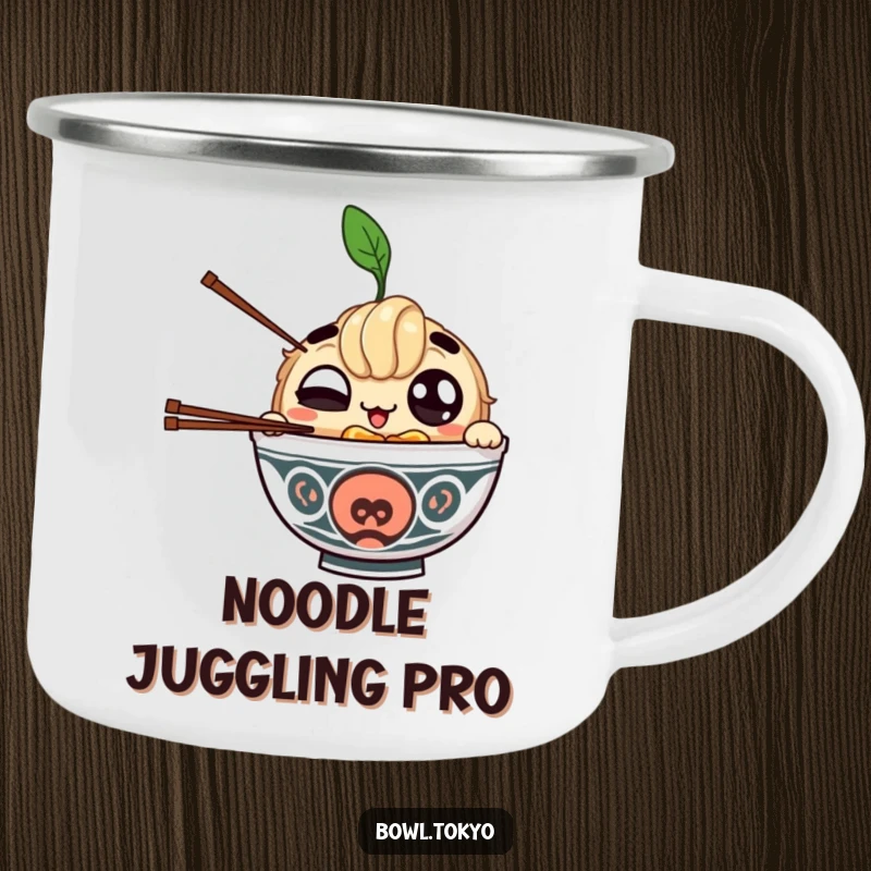 Funny camping mug with a winking ramen bowl character juggling chopsticks, durable and humorous for outdoor enjoyment.