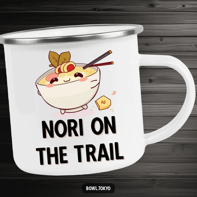 Funny Kawaii ramen bowl camping mug, character chasing nori, outdoorsy and humorous, travel essential, giftable.