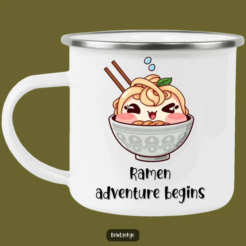 Funny Kawaii Ramen Camping Mug - Winking Bowl Splash, Durable & Humorous Outdoor Foodie Gift