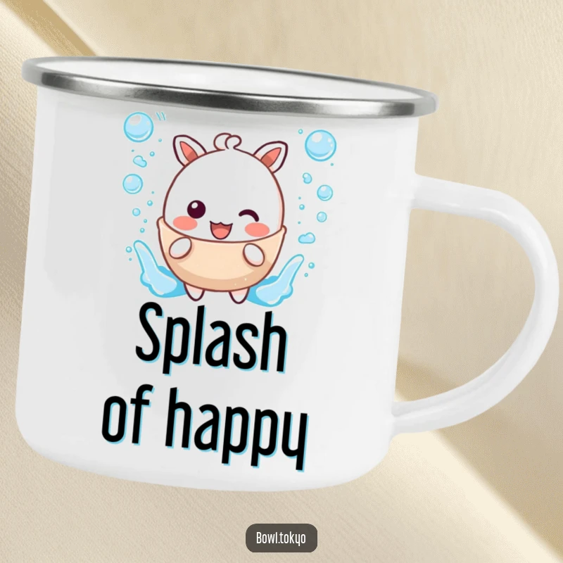 Funny camping mug showcasing a kawaii broth character gleefully splashing with bubble accents, built for adventure.