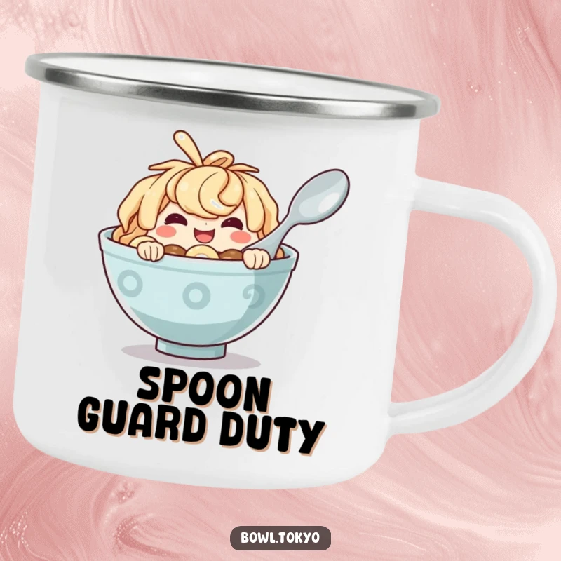 Funny Ramen Bowl Camping Mug with a mischievous character peeking from behind a spoon, perfect for outdoor fun.