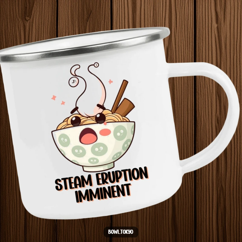 Funny surprised ramen bowl camping mug, showing a shocked noodle character with steam, durable and portable for adventures.