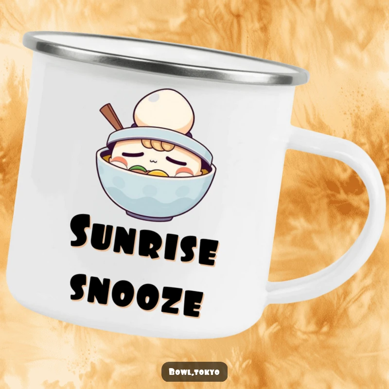 Funny Ramen Camping Mug: Sleepy ramen bowl character comically wearing a tiny egg hat outdoors.
