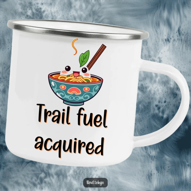 Funny Kawaii Ramen Bowl Camping Mug with a determined expression, symbolizing the spirit of diving into outdoor challenges with enthusiasm.