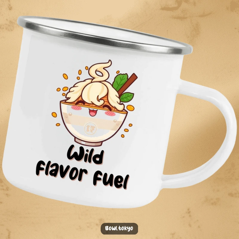Funny camping mug with a cheerful ramen bowl character and a flavor cloud, perfect for outdoor use and humor.