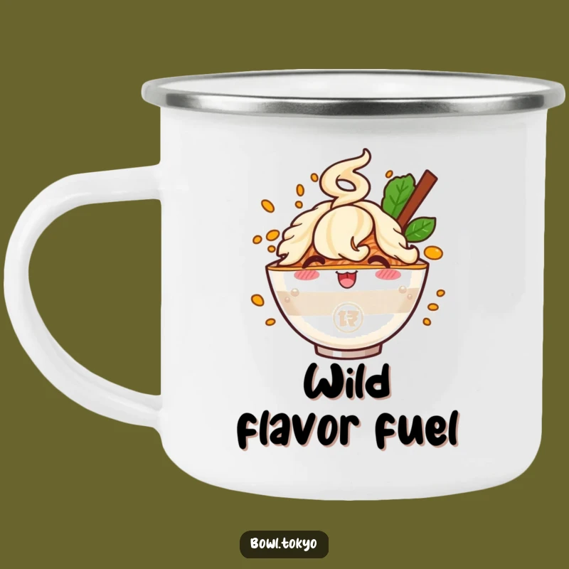 Funny Ramen Flavor Burst Camping Mug: Cheerful Bowl Character for Outdoor Fun
