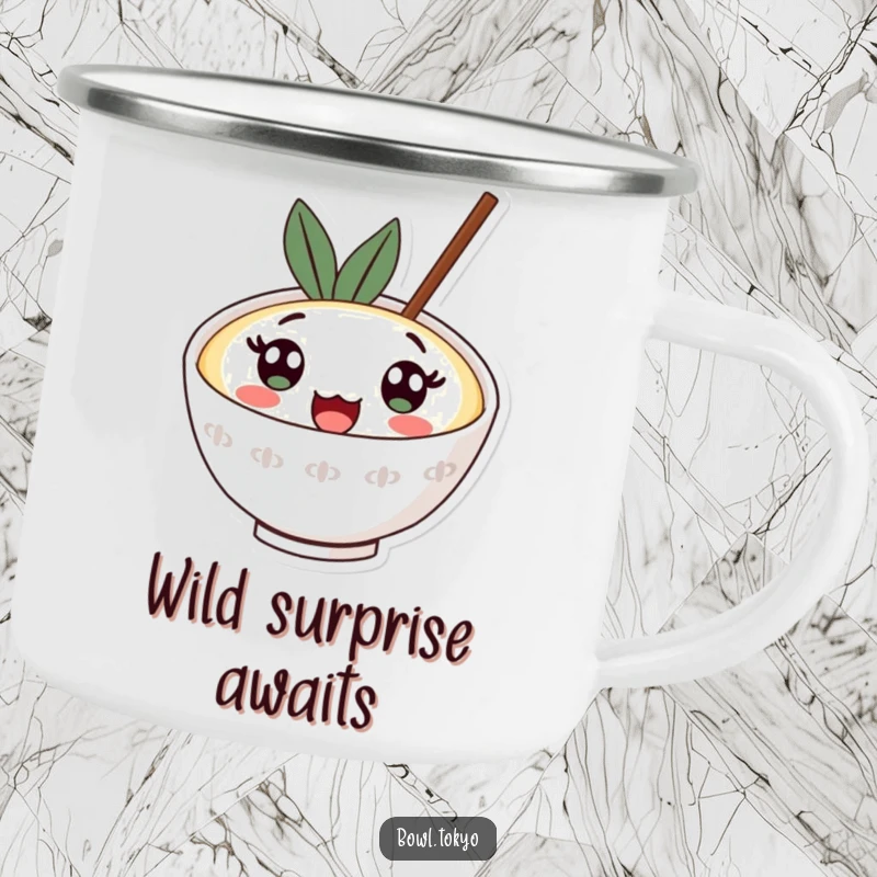 Funny kawaii ramen bowl camping mug with a character whose big surprised eyes are looking upwards, for outdoor use.