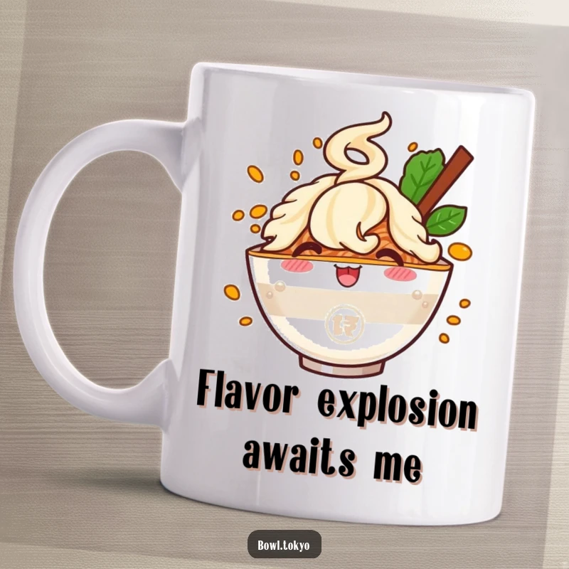 Funny mug featuring a happy ramen bowl character with a vibrant flavor cloud erupting around it, symbolizing deliciousness and joy.