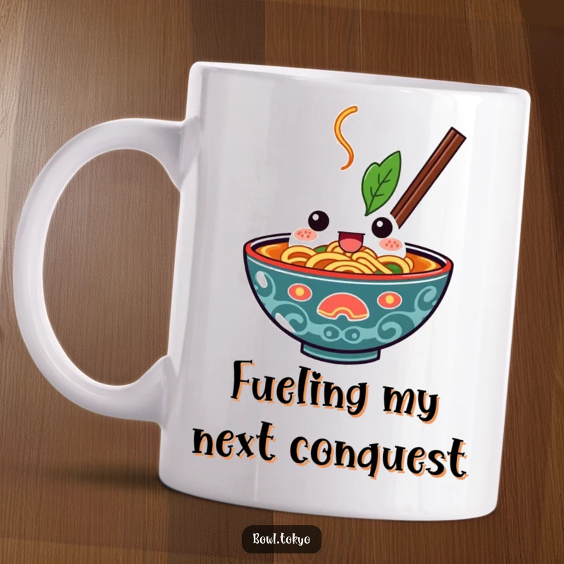 Funny Kawaii Ramen Bowl Mug with a determined expression, mouth agape, ready to dive into deliciousness, perfect for a bold morning brew.