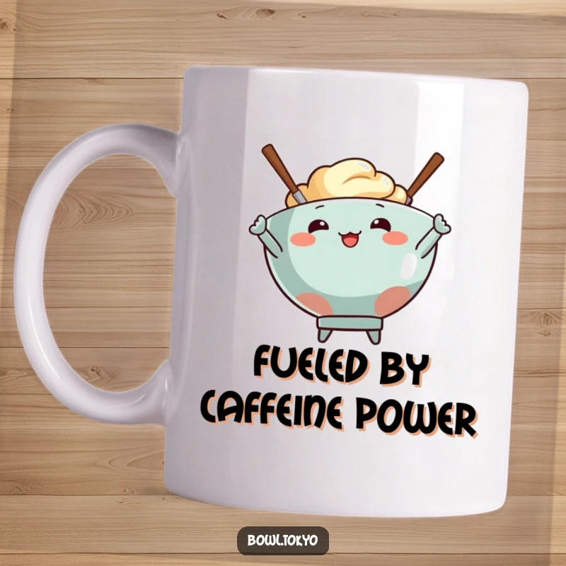 Funny mug with a food bowl character and two energetic chopsticks striking a dynamic, action-ready pose.